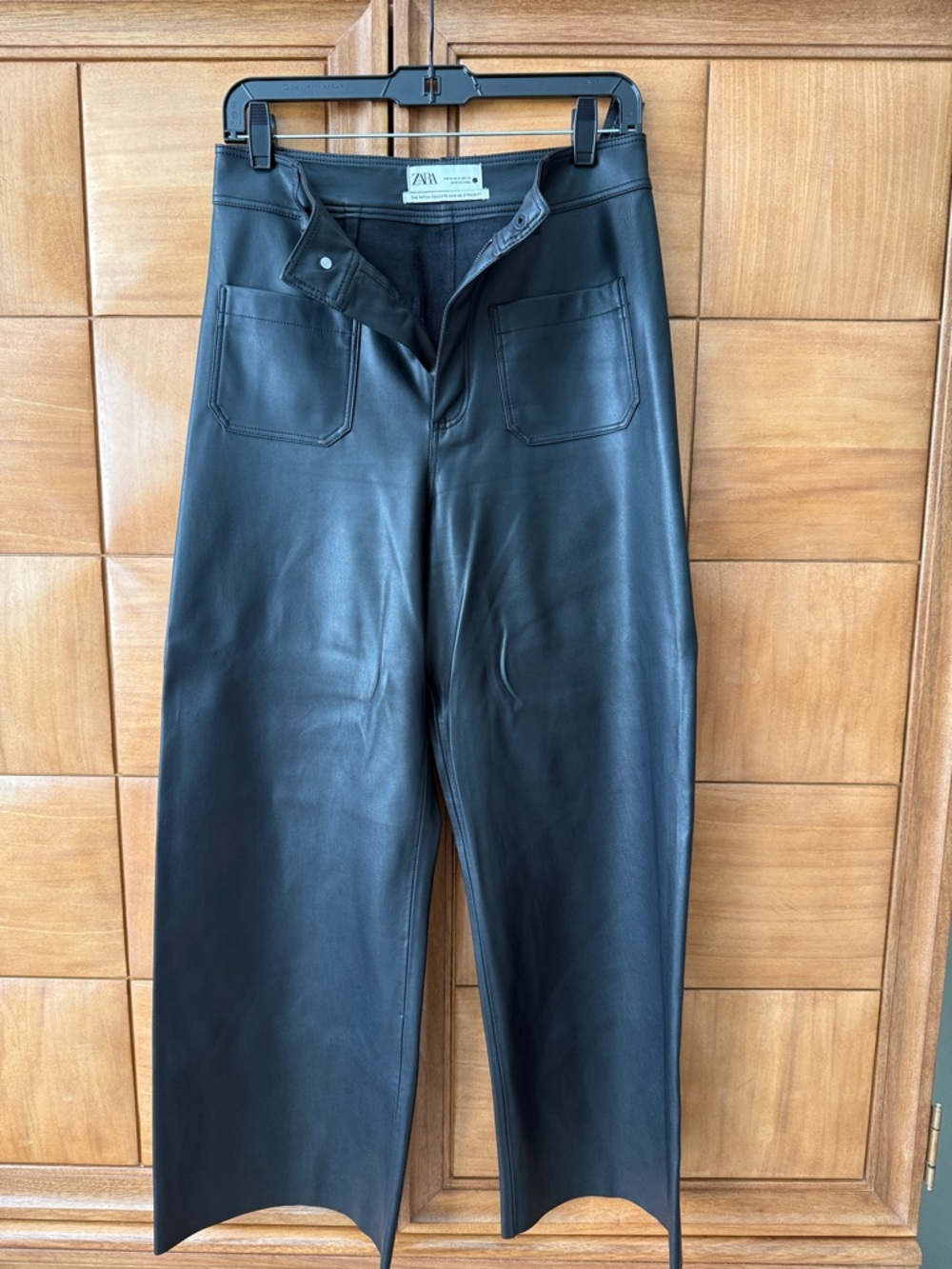 Zara Black Faux Leather Wide-Leg Pants with Front Patch Pockets